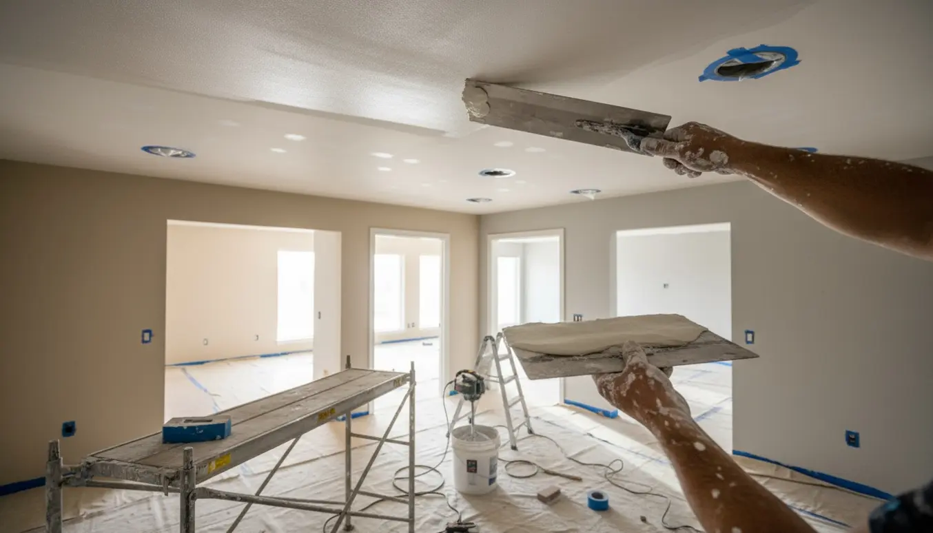 En håndværker glatter spartelmasse ud på et gipsloft fra en stige, klar til maling.