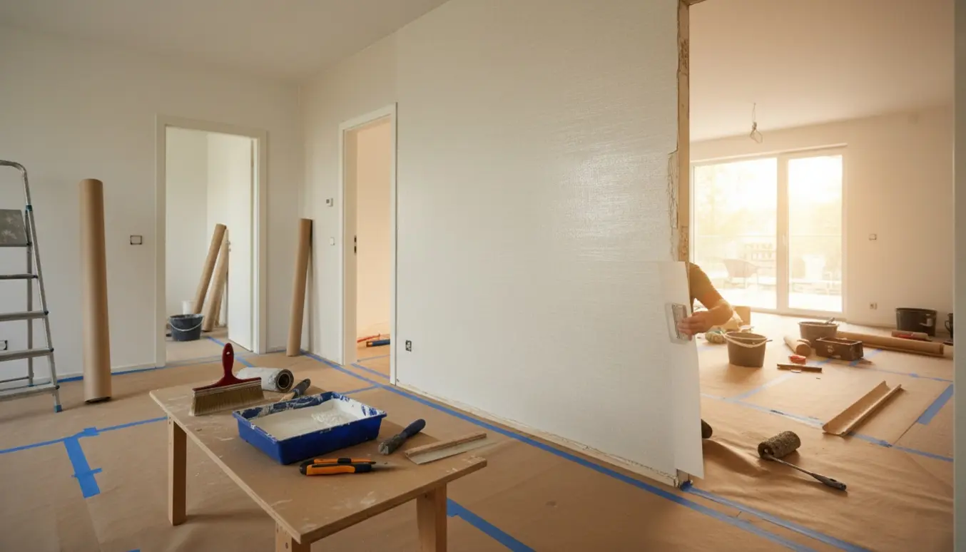 Køkken-alrum i dagslys med filt på væggene, ruller, lim og værktøj under opsætning.