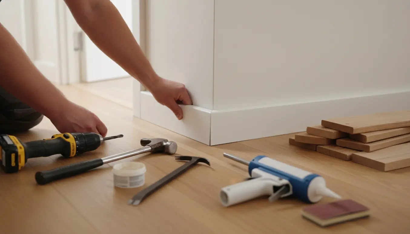 Hænder monterer hvide fodpaneler i en entré med værktøj og gamle paneler på gulvet.