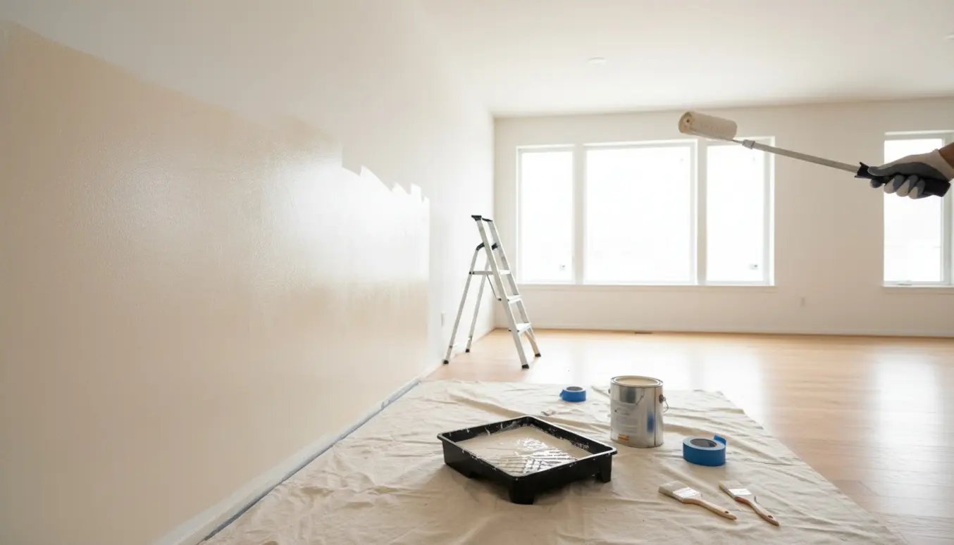 Soloplyst tom stue med malerulle, halvmalet væg i råhvid og malerudstyr på et afdækningsstof.