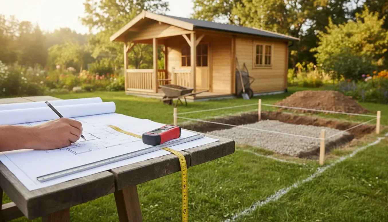 Nærbillede af tegninger og opmåling ved et kolonihavehus med målebånd strakt mod et lille træhus og en udgravet rende.