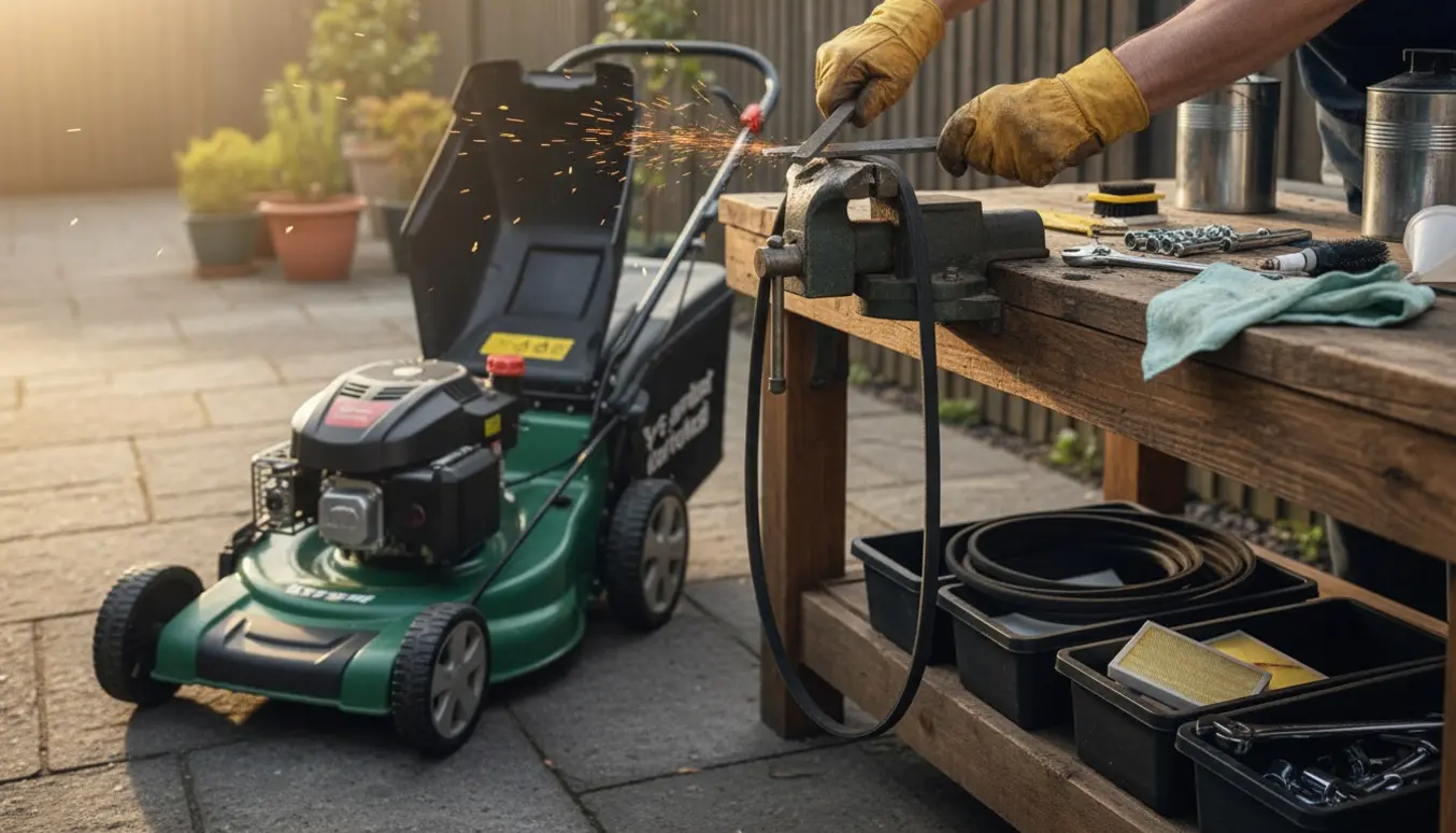 Selvkørende benzindrevet plæneklipper adskilt på værksted med sløv kniv, løs drivrem og værktøj klar til service.