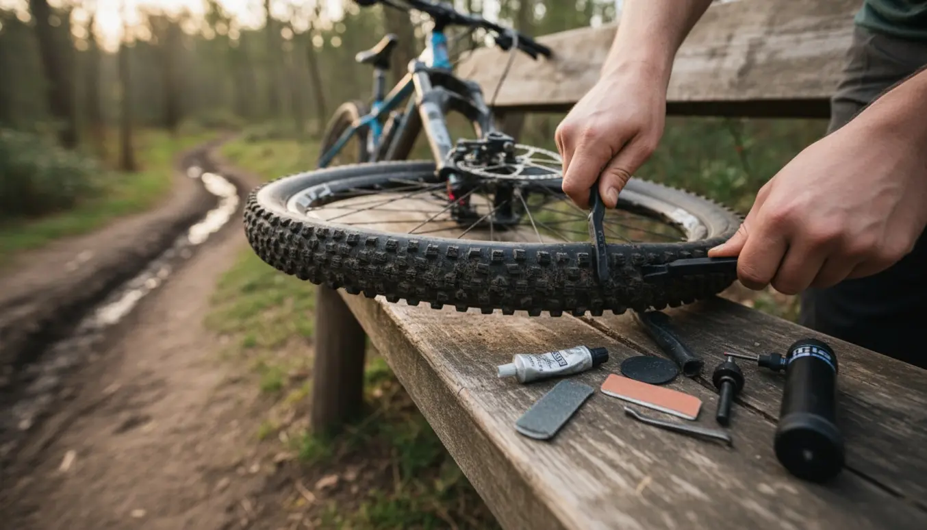 Hænder lapper en punkteret mountainbike-slange med dækjern og lappekit ved en træbænk.