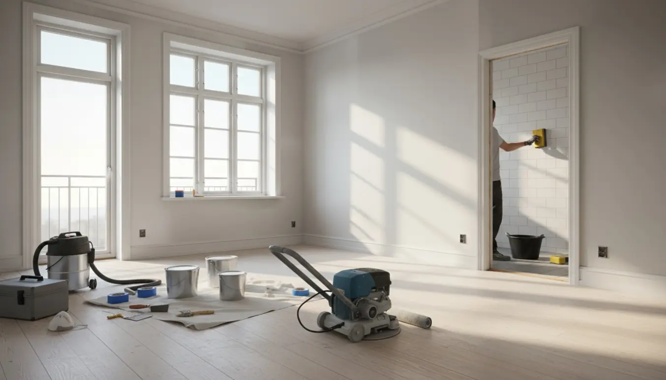 Lys Hellerup-lejlighed under maling og let gulvslibning med værktøj i forgrunden.