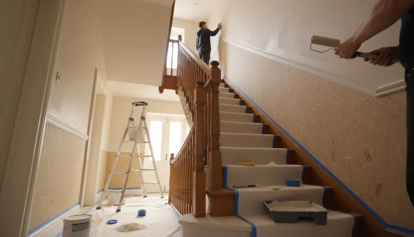Håndværker spartler og gør klar til maling i en trappeopgang med træværk og savsmuldtapet.