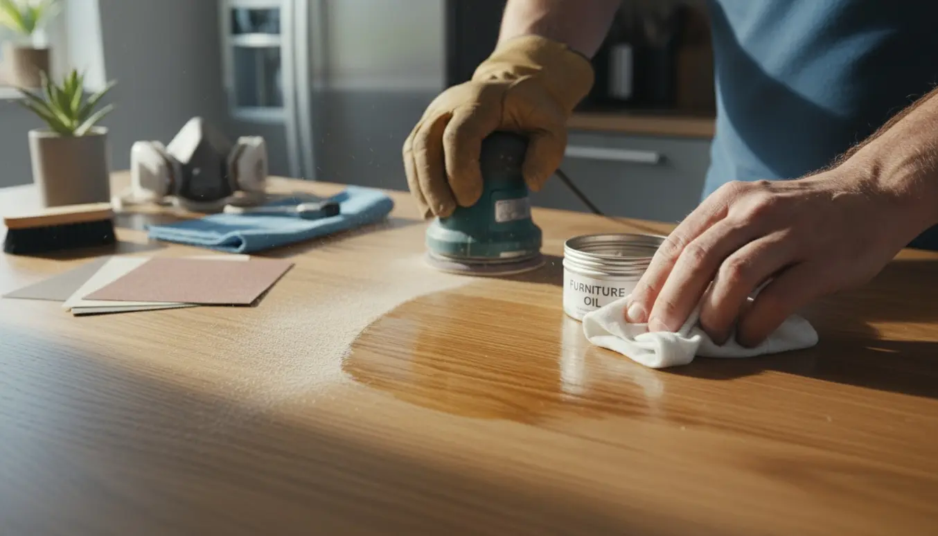 Nærbillede af hænder, der sliber og påfører olie på en træbordplade i et lyst køkken.
