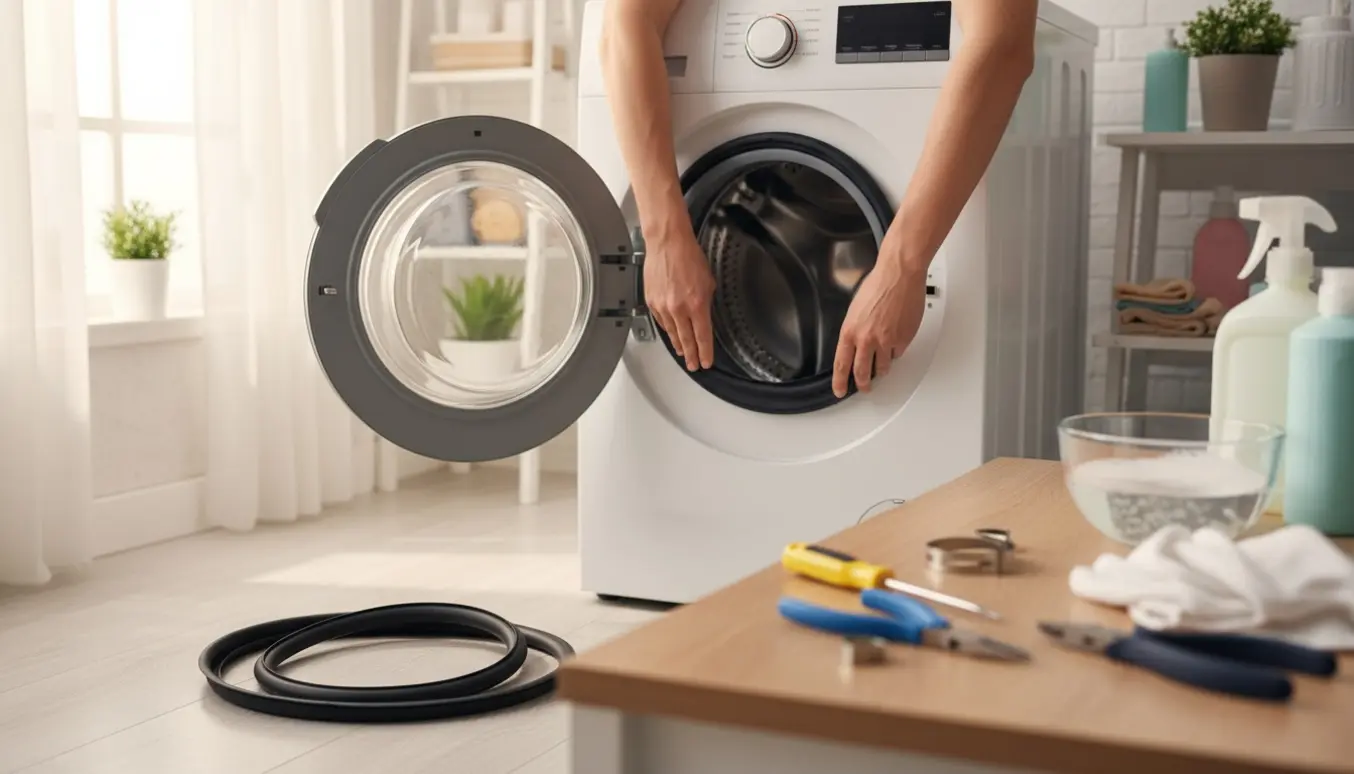 Nærbillede af hænder, der skifter dørbælg på en frontbetjent vaskemaskine i et lyst, ryddeligt vaskerum.