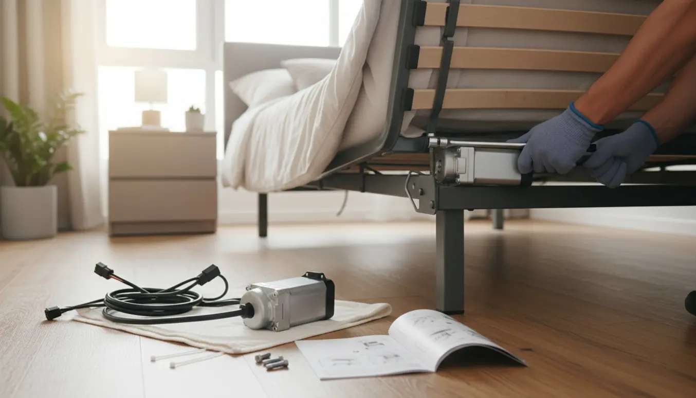 Nærbillede af teknikerhænder, der monterer en ny motor under en elevationsseng.