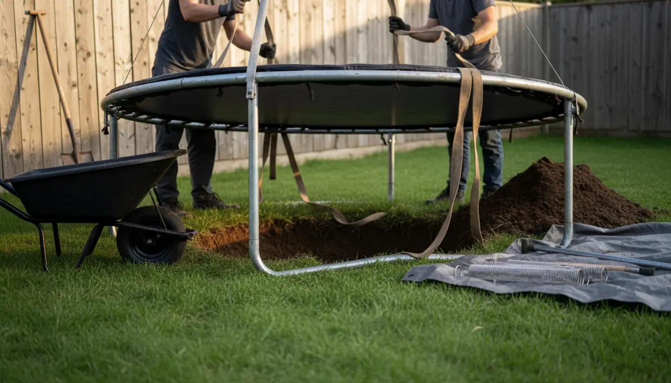 En nedgravet trampolin trækkes op af et hul i baghaven, med skovl, trillebør og jord klar til at fylde hullet.