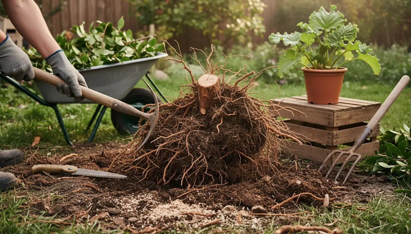 Nærbillede af hænder i handsker, der graver en laurbærkirsebærbusks rod op i et havebed med en pottet rabarber klar ved siden af.