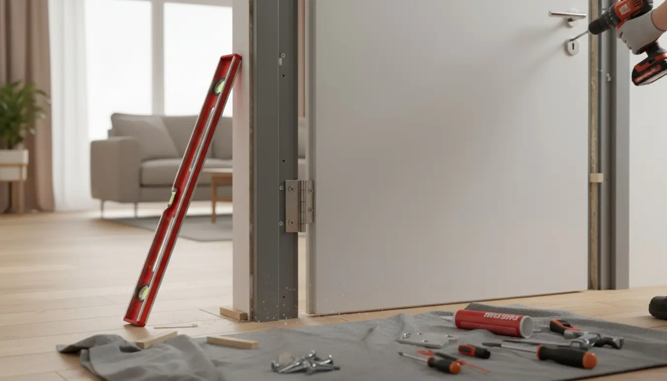 Delvist monteret branddør i en stueåbning med værktøj og monteringsmaterialer omkring.