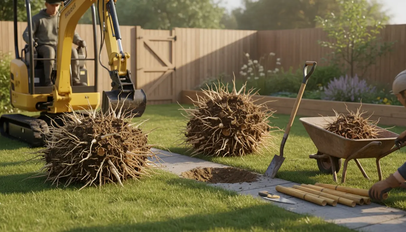 Opgravning af to bambusbuske i en lille have med minigraver, eksponerede rødder og redskaber.