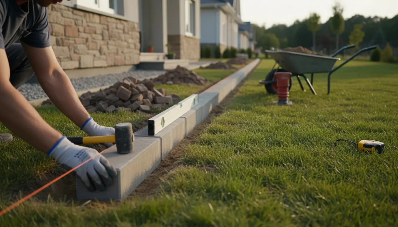 Hænder placerer kantsten langs hussoklen i en gravet rende med sand, værktøj og stabler af fjernede sten.