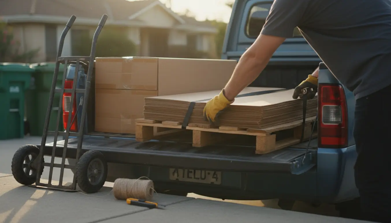 Rent, tørt pap og en palle læsses i en varebil på en soloplyst indkørsel.