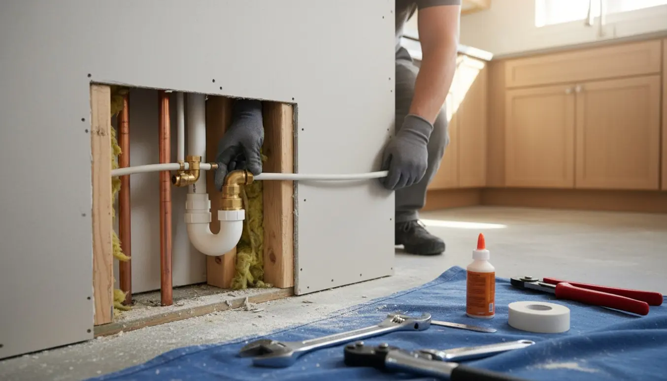 VVS-montør fører afløbs- og vandrør gennem en gipsvæg for at forlænge dem ca. 50 cm.