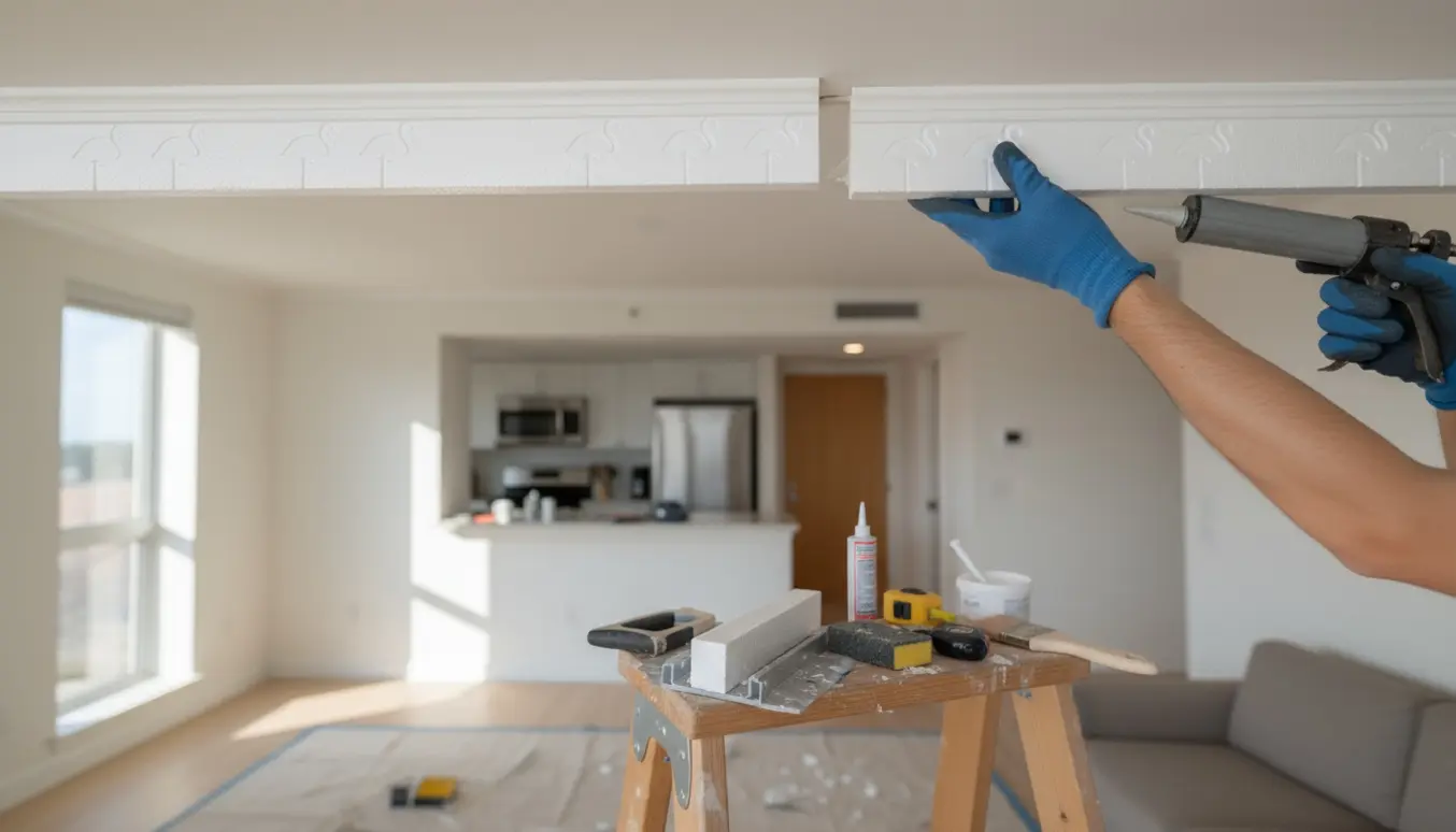 Hænder monterer hvid flamingostuk langs loftet i en lys lejlighedsstue med værktøj på en stige.