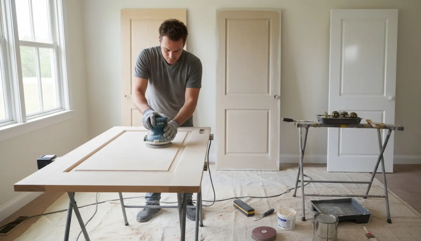 Fire glatte døre i forskellige stadier af slibning, grunding og maling med værktøj omkring dem.