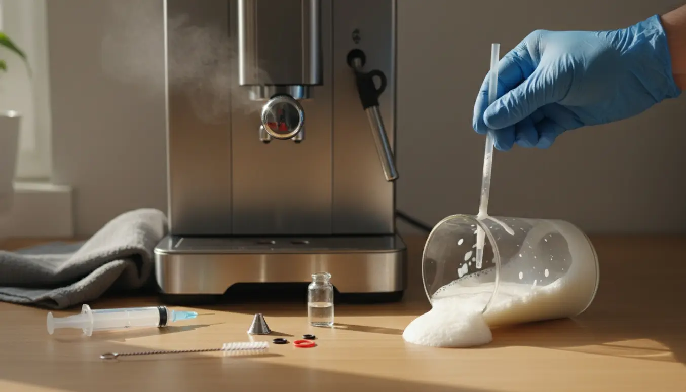 Nærbillede af en udskilt mælkeskummer med silikoneslange med luftbobler, mælkekande og rengøringsredskaber på et køkkenbord.