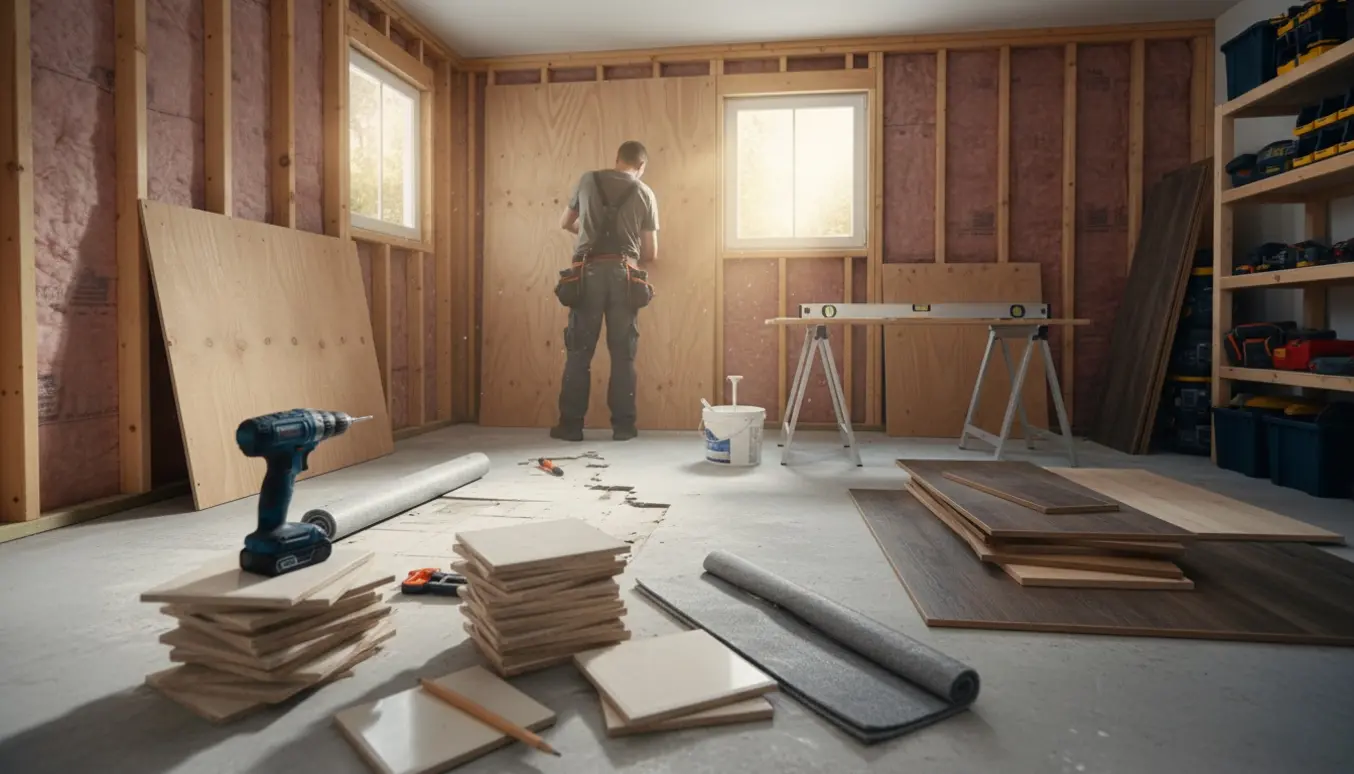 Indvendig garage under renovering med afmonterede fliser, krydsfinerplader på væggene og håndværker ved et lille vindue.