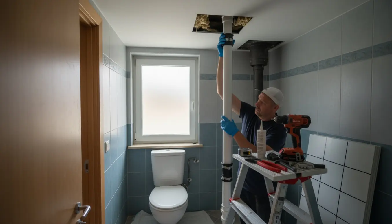 Hænders montering af et 90 mm PVC-afløbsrør fra et toilet ind i en sænket loftskasse.