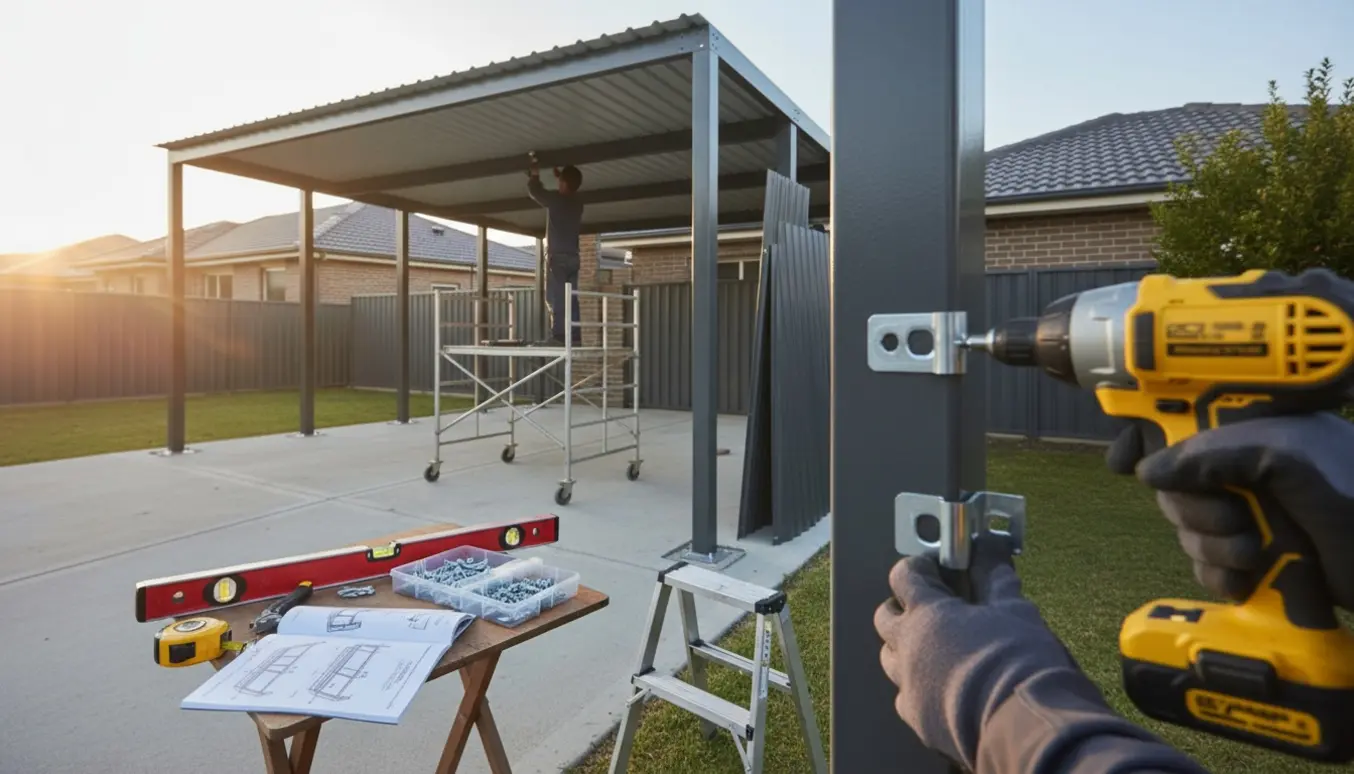 Delvist monteret carport i indkørsel, håndværker fastgør tagplade med en bore-/skruemaskine ved et arbejdsbord med manual og tegning.
