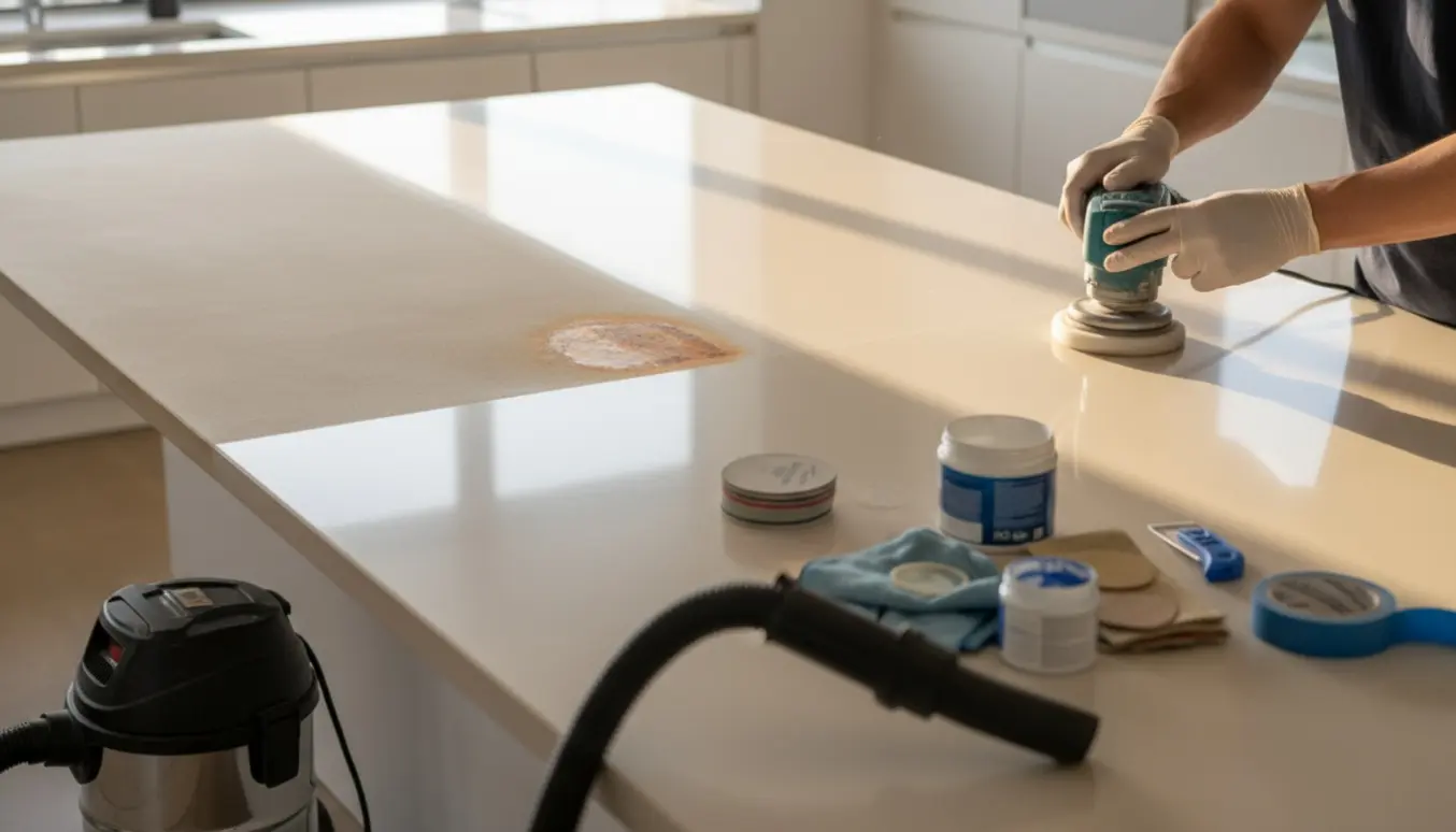 Handskerede hænder polerer en Corian-bordplade og fjerner rustpletter i et lyst køkken.