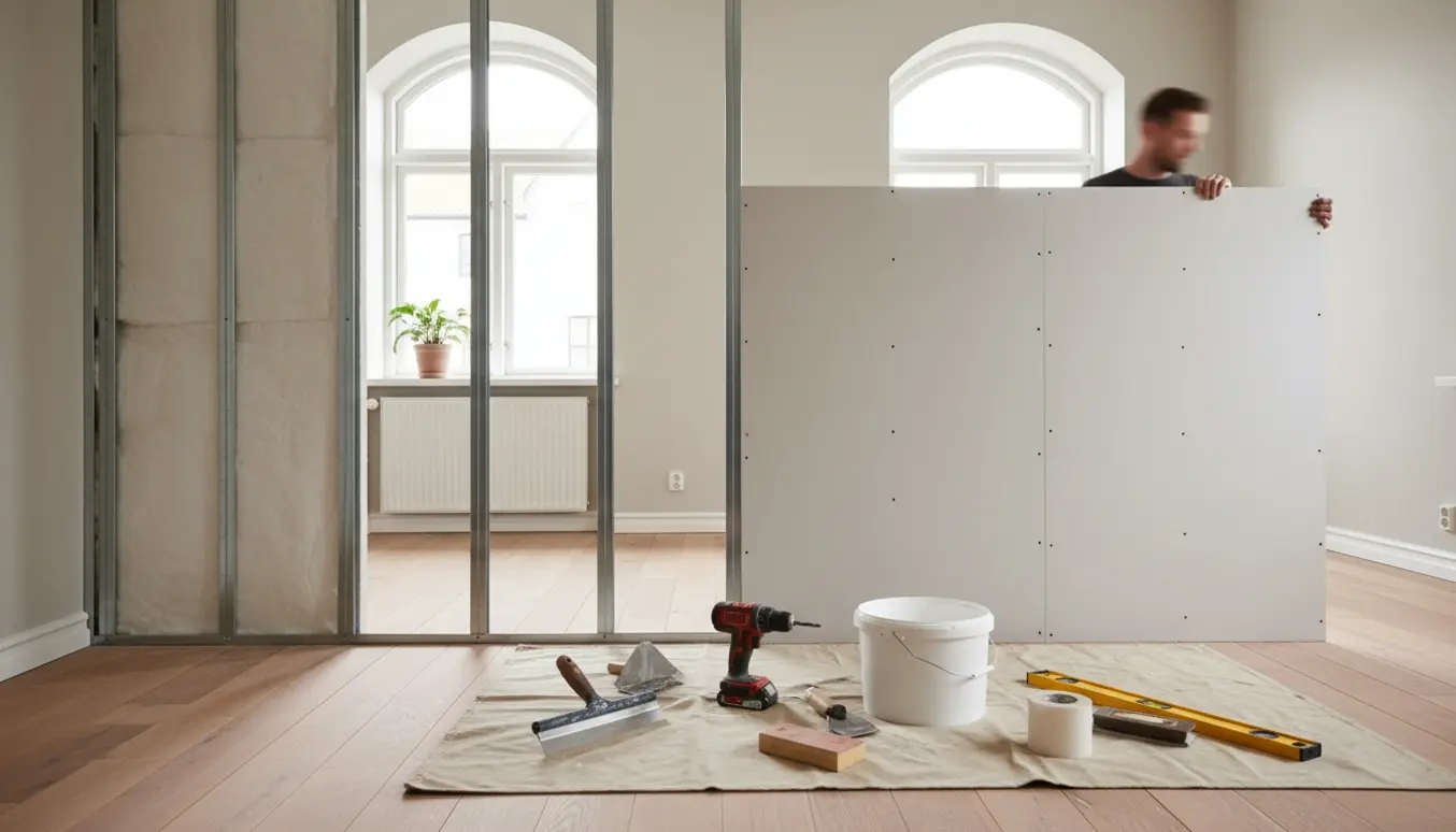 Delvist opført gipsvæg i lys Østerbro-lejlighed med værktøj og materialer til opsætning.