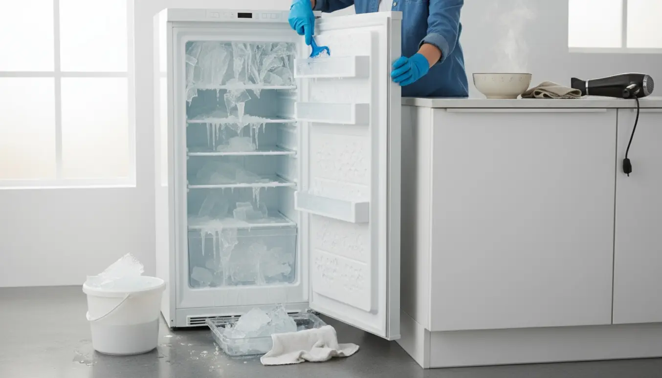 En person afrimer en høj, smal fryser med isblokke i en spand og vand opsamlet på et håndklæde.