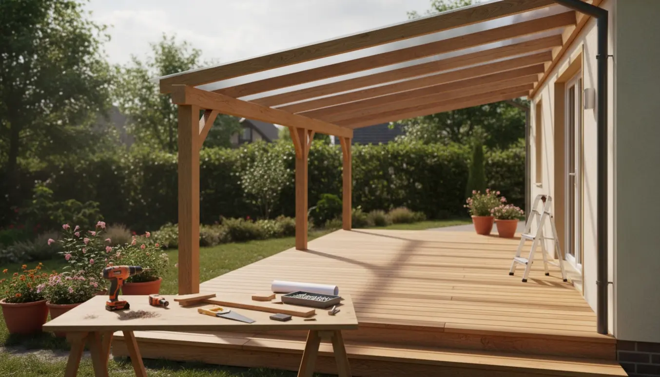 Halvtag i klart plast over en træterrasse under montering i baghaven.