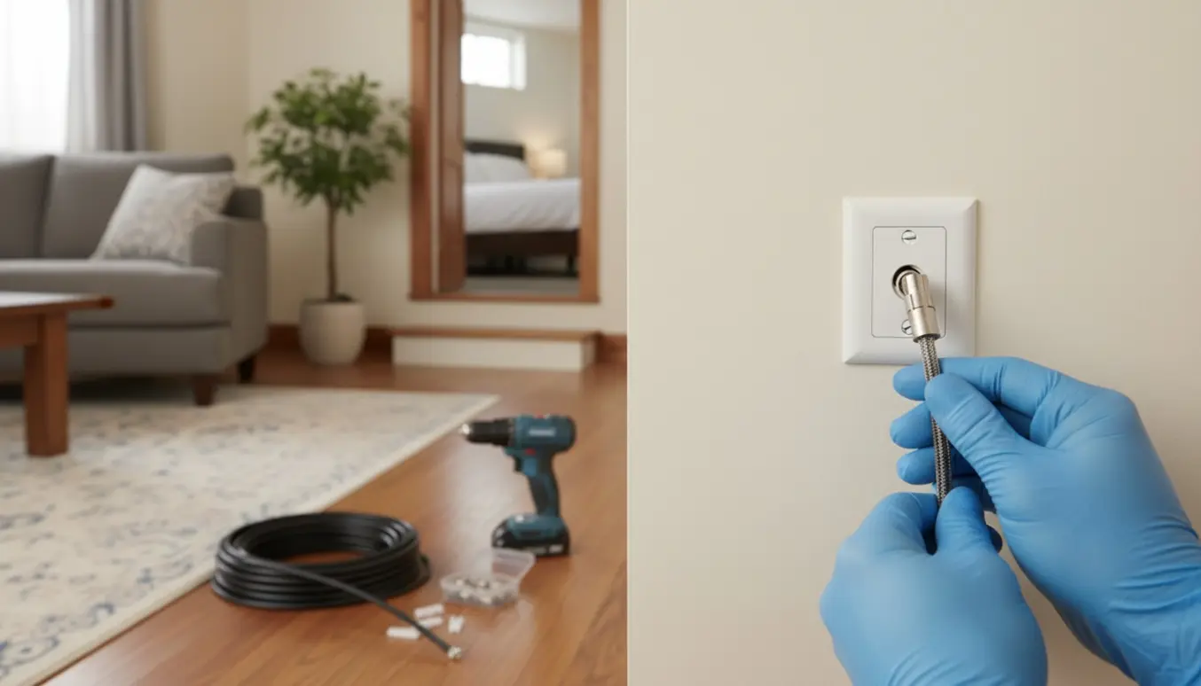 Nærbillede af antennestik og koaksialkabel i stuen med værktøj på gulvet og åben trappe til soveværelse i underetagen.