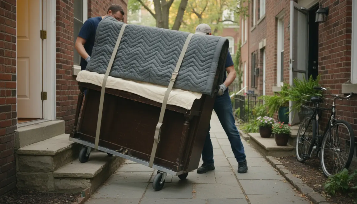 Et lille opretstående klaver på en flyttedolly pakket i tæpper og båret mellem to stuelejligheder på en rolig gade.