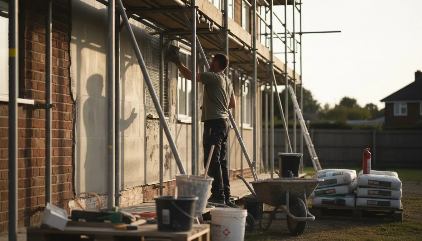 En murer på stillads påfører netpuds på husets facade med værktøj og byggematerialer i forgrunden.