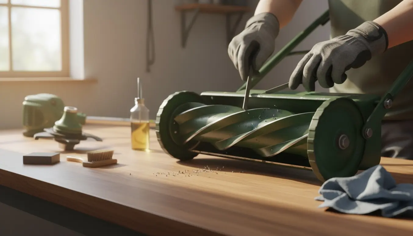 Cylinderklipper på et værkstedsbord, hvor hænder i handsker sliber klinger og smører bevægelige dele, med en håndtrimmer ved siden af.
