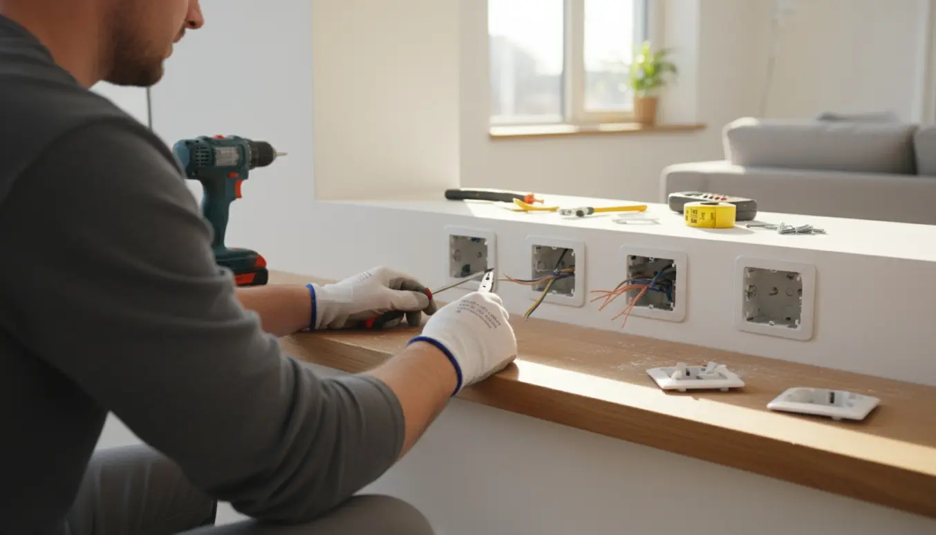 Elektrikerens hænder monterer tre stikkontakter i en vindueskarm og to i væggen med værktøj i forgrunden.