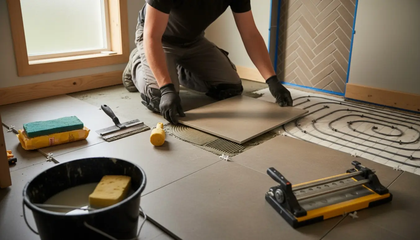 Håndværker lægger nye klinker i et lille sommerhusbadeværelse med bevaret elektrisk gulvvarme.