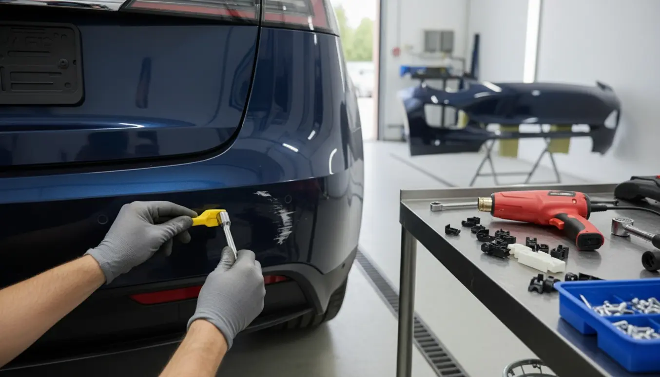 Nærbillede af en mekanikers hånd, der justerer en skadet bagkofanger på en elbil i et lyst værksted.