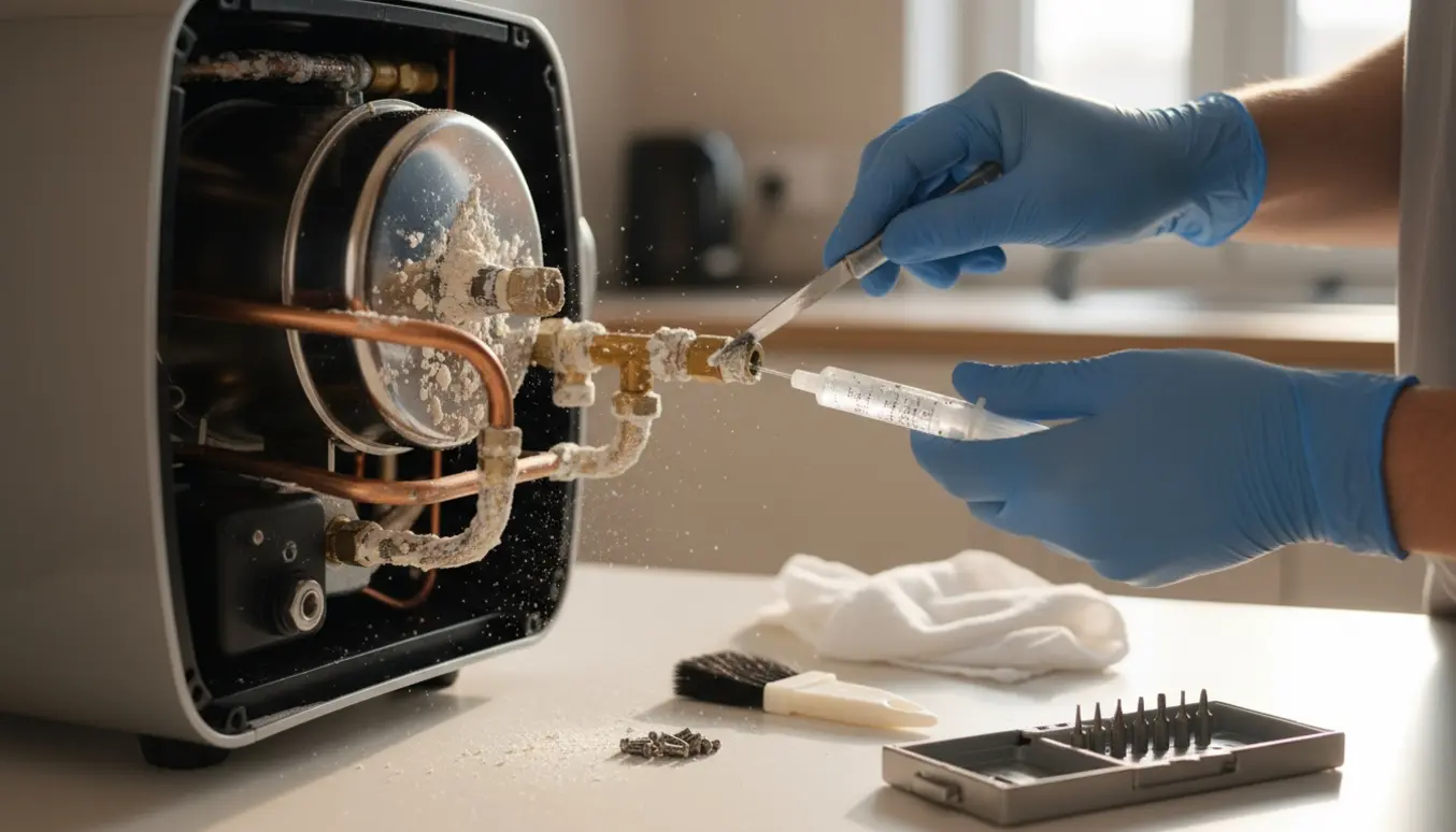 Nærbillede af hænder, der afkalker indvendigt i en kapselkaffemaskine med aftaget sidepanel.