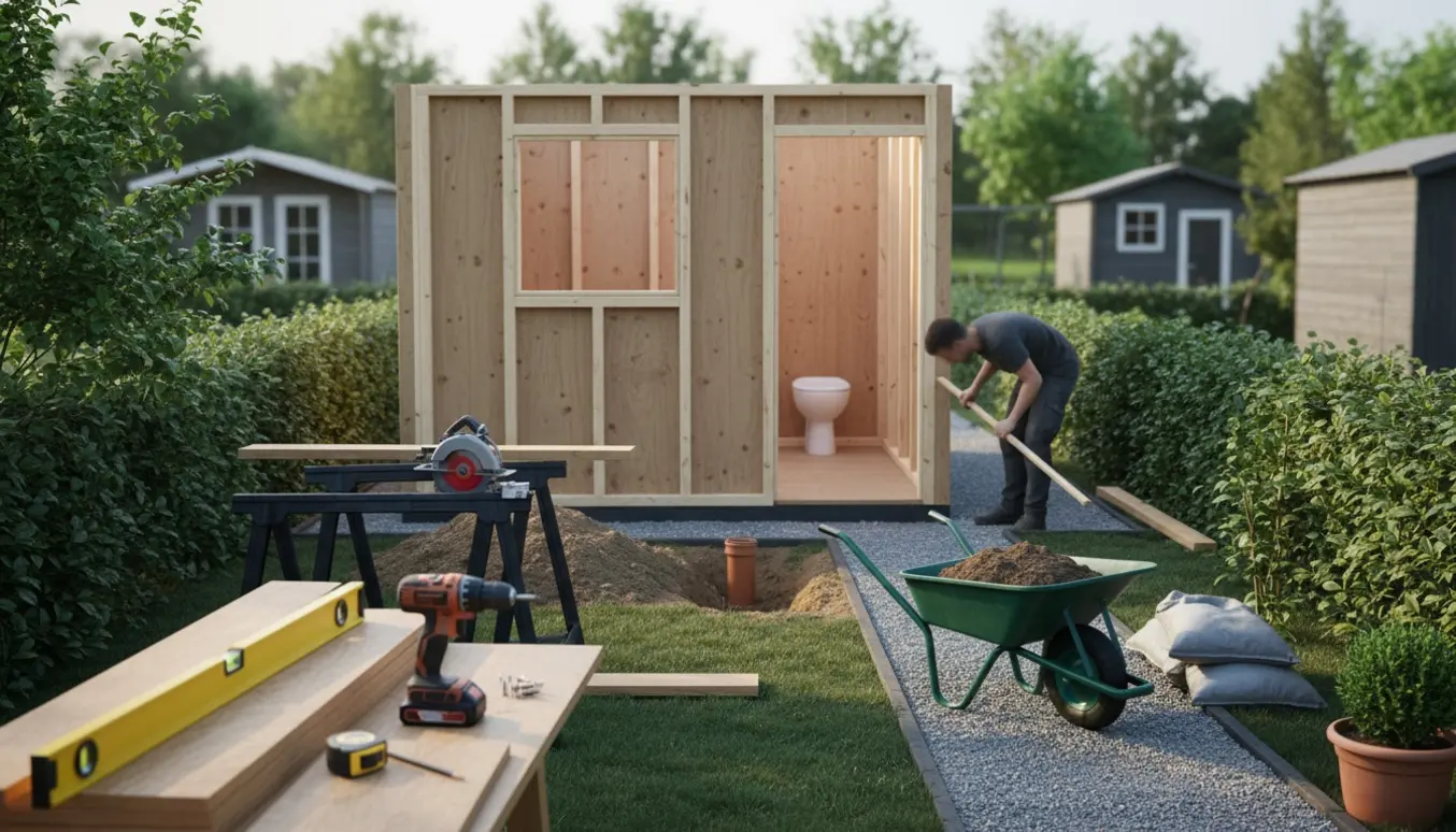 Delvist opført trætilbygning i en kolonihave med værktøj, udgravning og kloakrør til toilet.