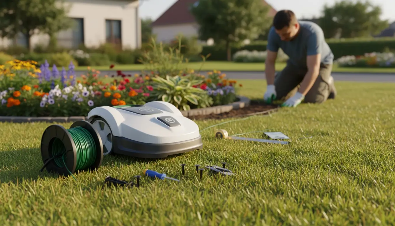 Robotplæneklipper i ladestation på en velplejet græsplæne med afgrænsningskabel og hænder, der fæstner kablet.
