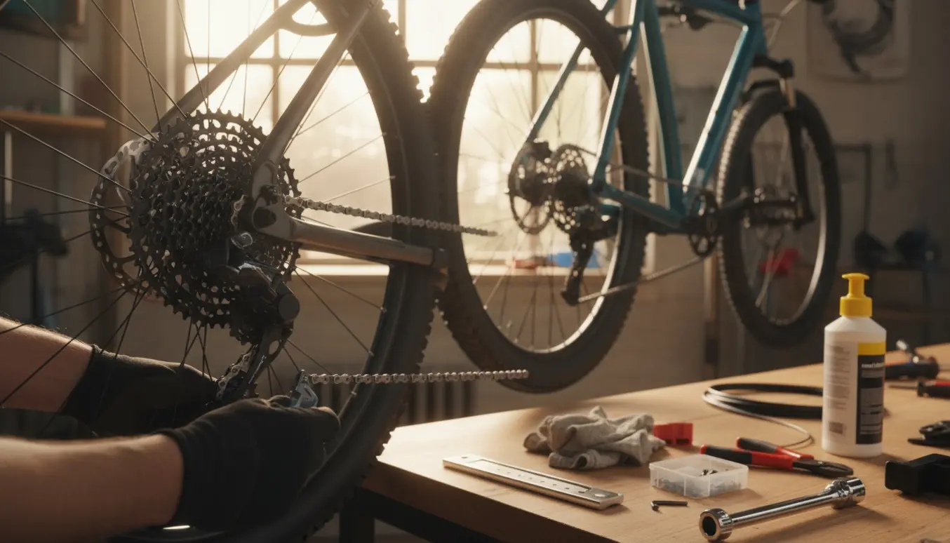 To mountainbikes på et lyst værksted, hvor hænder udskifter kæde og justerer bremser.