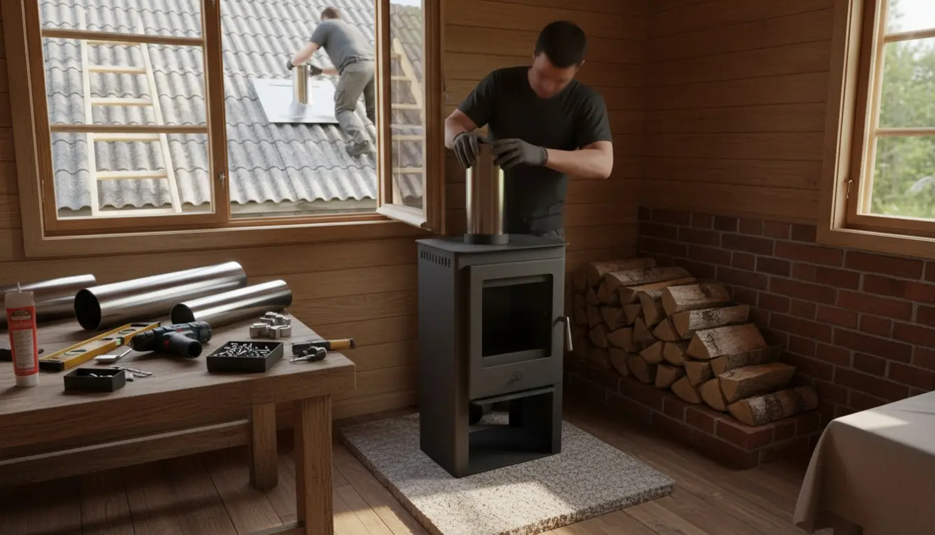Montering af brændeovn i et lille sommerhus med skorstenselementer og værktøj, uden synlige ansigter.