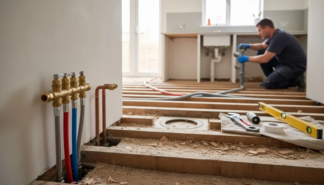 Åbent gulv under renovering med installeret gulvvarmeshunt, afblændede radiatorrør og nye vand- og afløbsrør til et flyttet køkken.