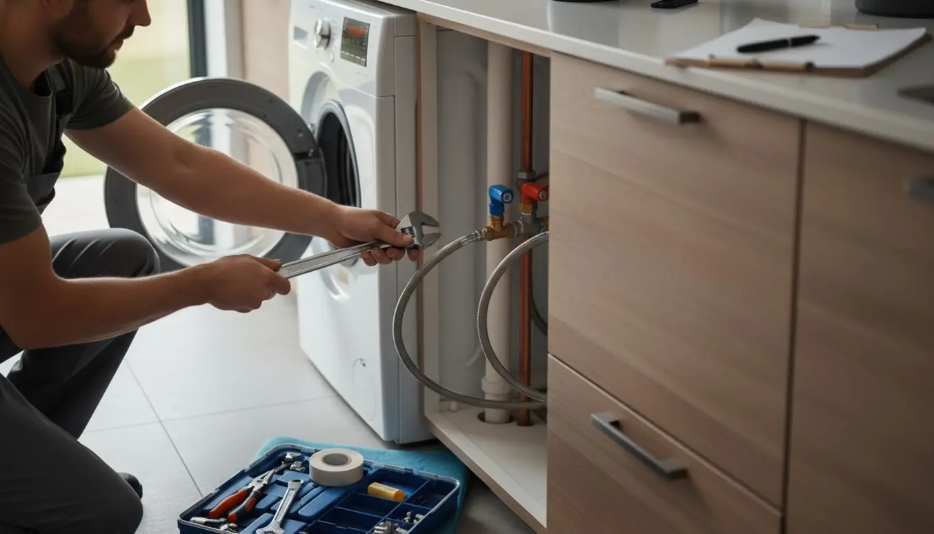 Autoriseret VVS-montør tilslutter vaskemaskine i køkkenet med slanger og værktøj.