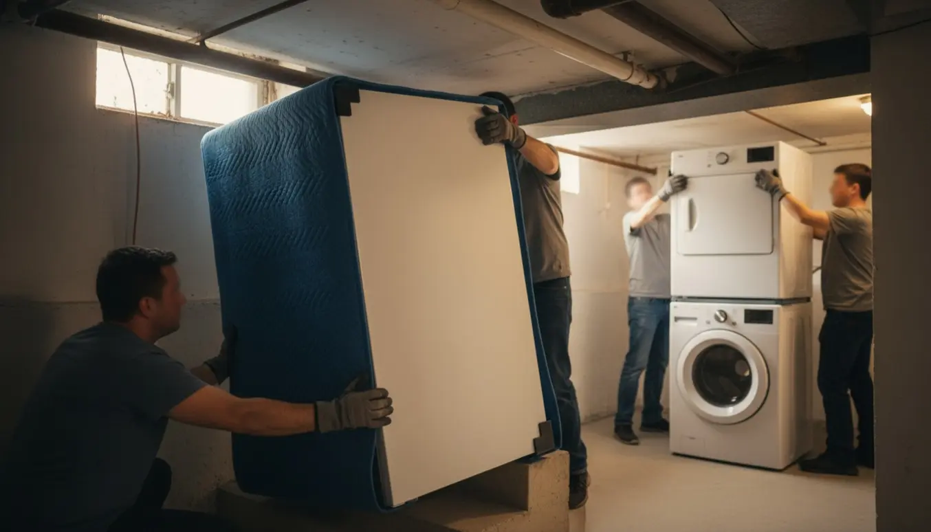 Personer bærer en høj fryser ned i en lavloftet kælder, mens en tørretumbler løftes på plads oven på en vaskemaskine.