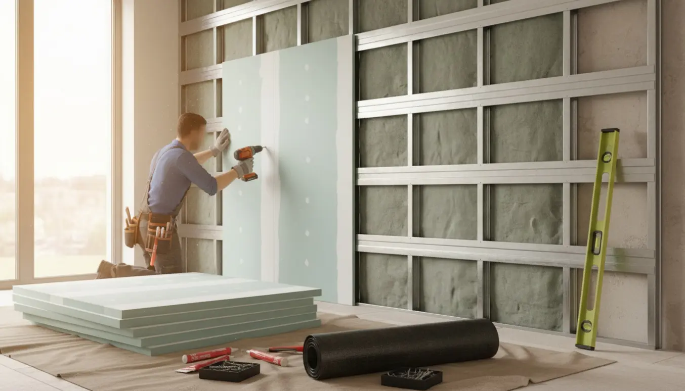 Delvist opført lydisolerende forsatsvæg med mineraluld, akustiske plader og værktøj på en ren byggeplads.