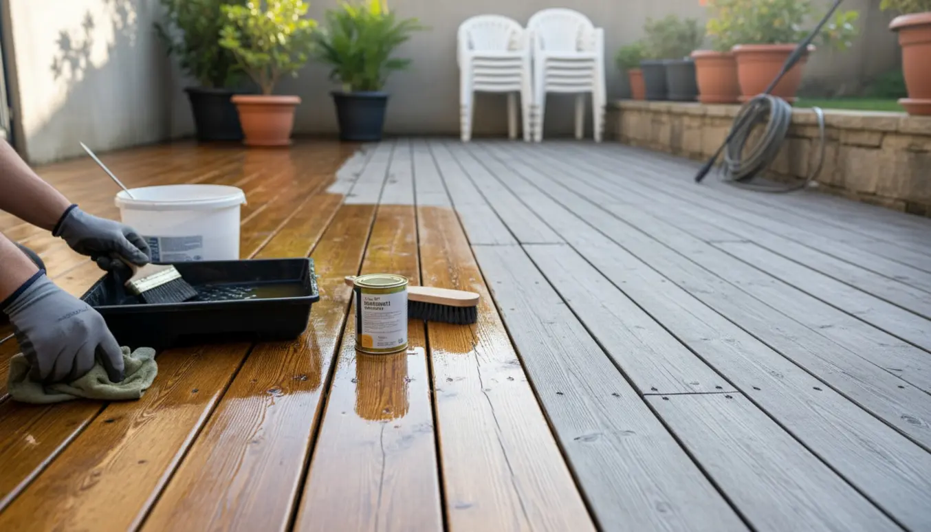 Hænder oliere en træterrasse med synlig før-og-efter-kontrast mellem nybehandlet og vejrbidt træ.