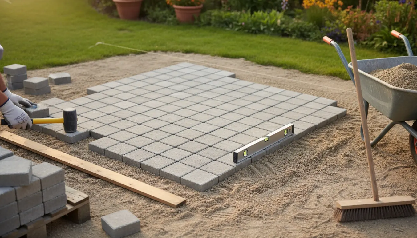 Nærbillede af fliselægning i have med udlagt stabilgrus og 30x30 cm fliser lagt i grid, værktøj ved siden af.