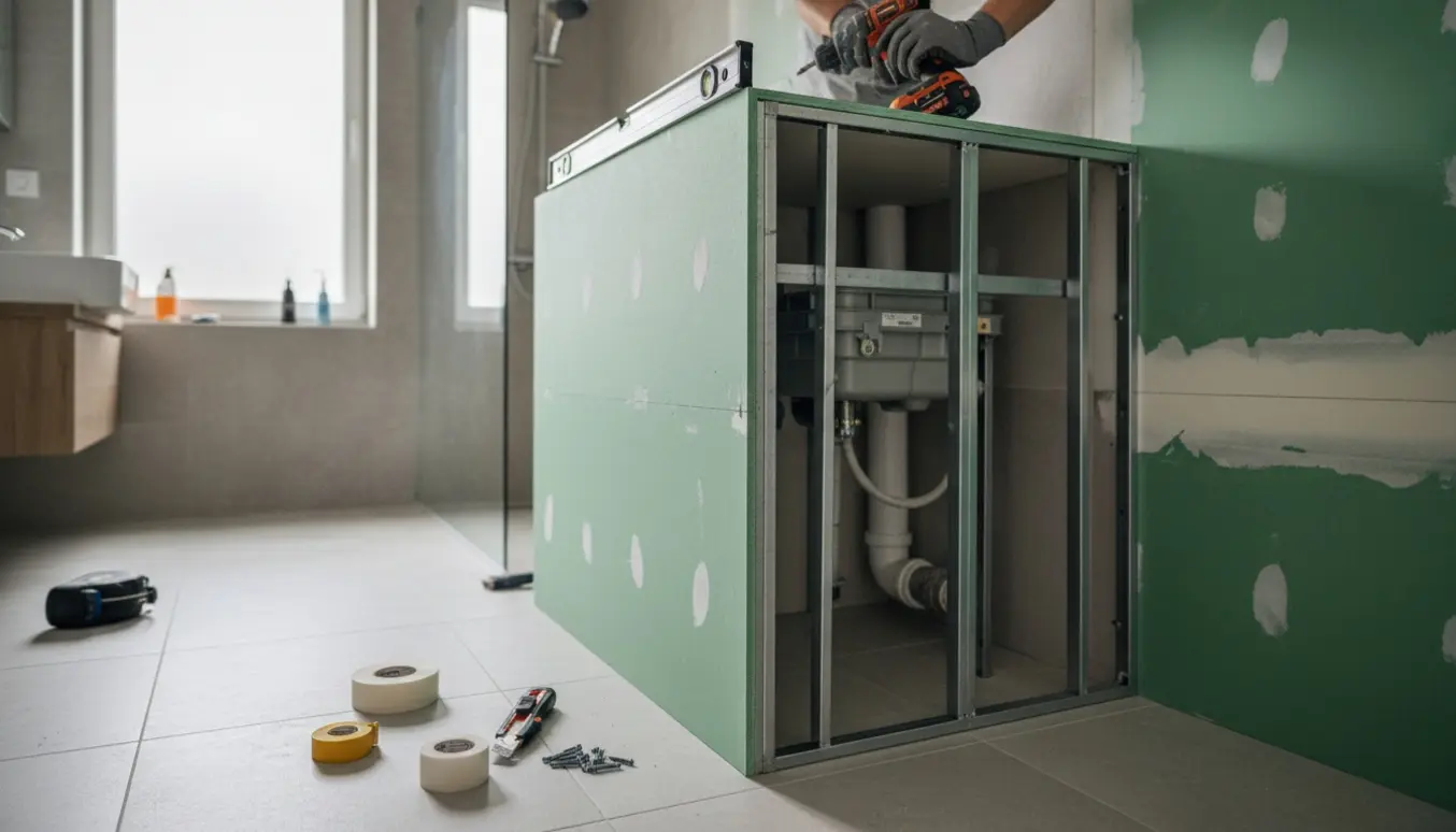 Tømrer bygger en vådrumsgips-kasse omkring indbygningsstativ og faldstamme i et flisebadeværelse.