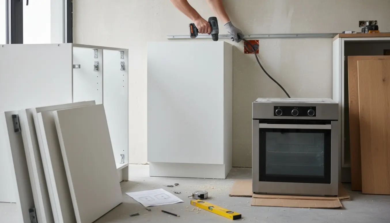 Hænder monterer hvide køkkenskabe og tilslutter en indbygningsovn i et sollyst køkken.