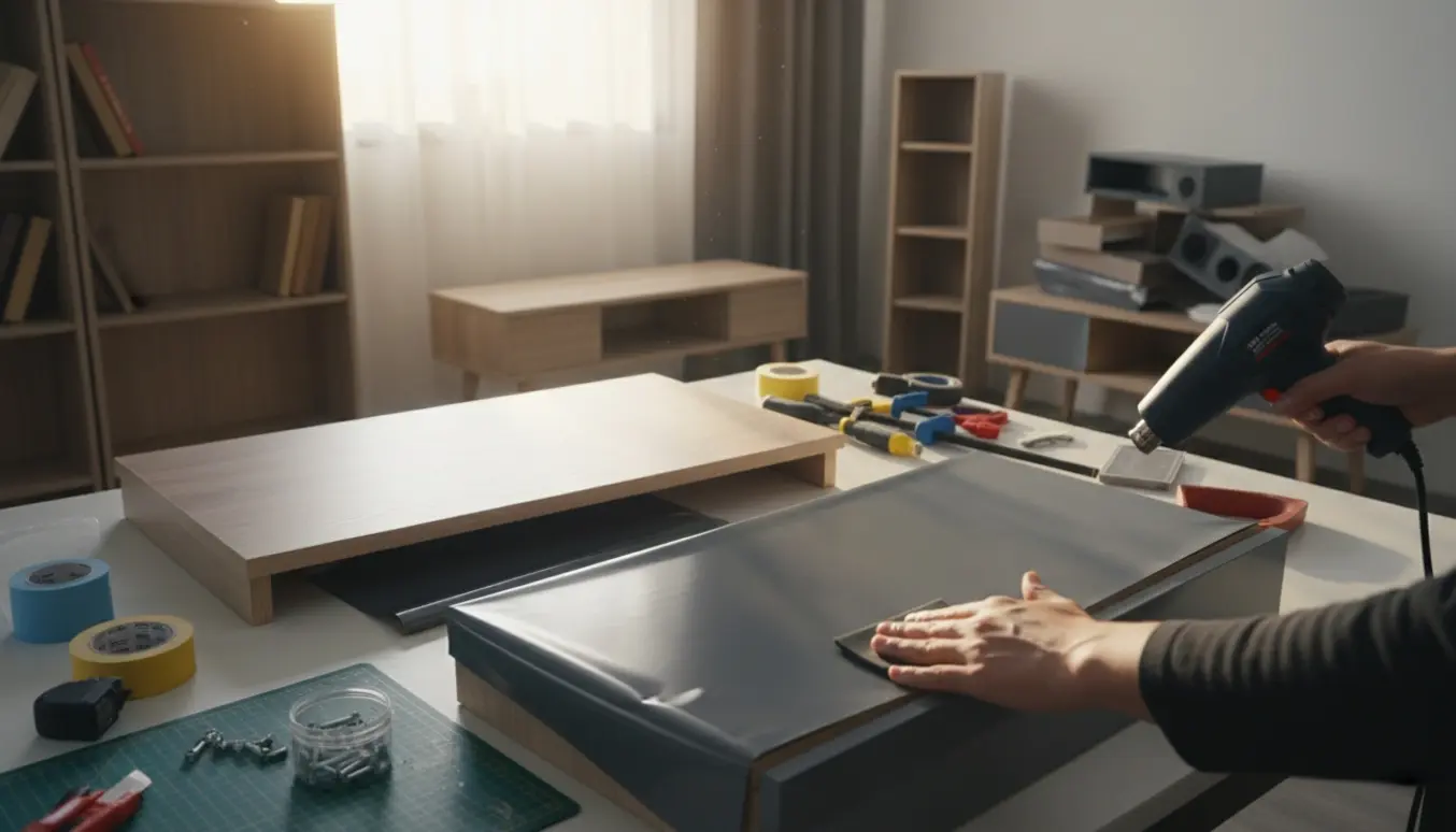 Hænder folierer en skuffefront med matte vinyl blandt adskilte møbeldel og værktøj.